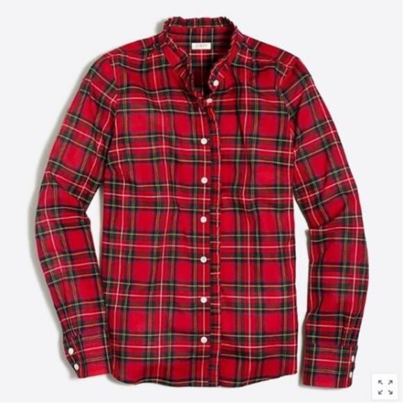 J. Crew Factory Red Plaid Ruffle Front Button Down Size Small - Picture 1 of 8